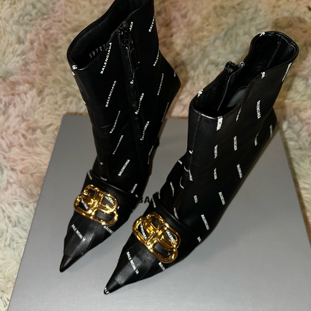Balenciaga Fringe Knife BB Logo Black Leather Bootie Size 37 - Picture 3 of 16